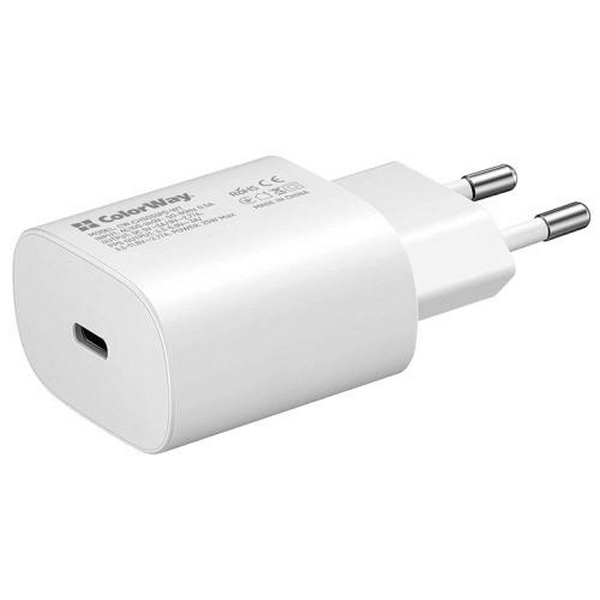 Мережевий зарядний пристрій ColorWay, White, 1xUSB-C, 3A, 25W (CW-CHS033PD-WT)