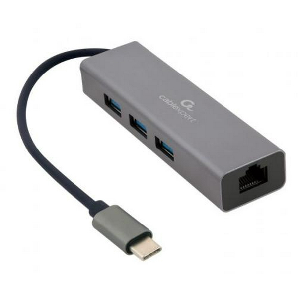 Хаб USB Cablexpert A-CMU3-LAN-01, Grey, Type-C 3.1 - 3xUSB 3.1 / GLan, кабель 17 см, алюмінієвий корпус