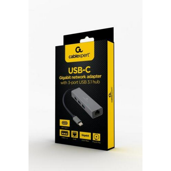 Хаб USB Cablexpert A-CMU3-LAN-01, Grey, Type-C 3.1 - 3xUSB 3.1 / GLan, кабель 17 см, алюмінієвий корпус - 2