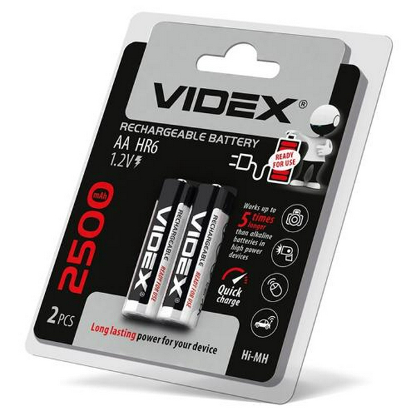 Акумулятор AA, 2500 mAh, Videx, 2 шт, 1.2V, Blister