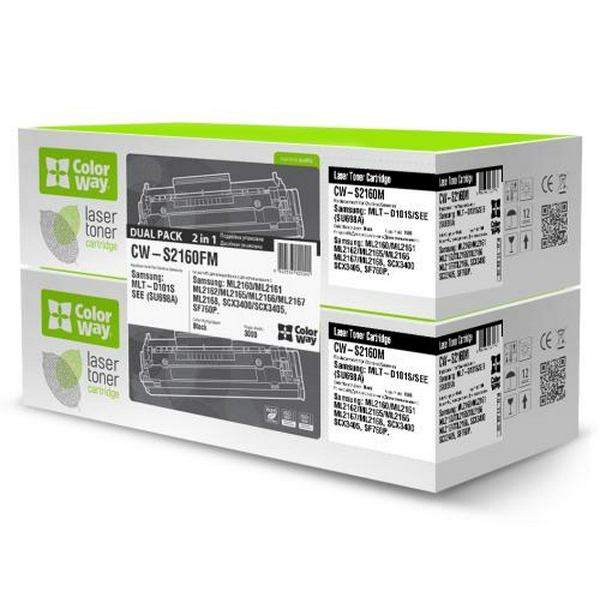 Картридж Samsung MLT-D101S, Black, ML-2160/2165, SCX-3400/3405, 1500 стор, ColorWay, Dual Pack (CW-S2160FM)