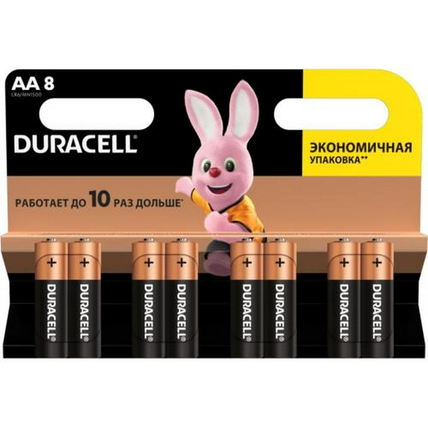 Батарейка AA (LR6), лужна, Duracell Duralock Basic, 8 шт, 1.5V, (MN1500 8BL)