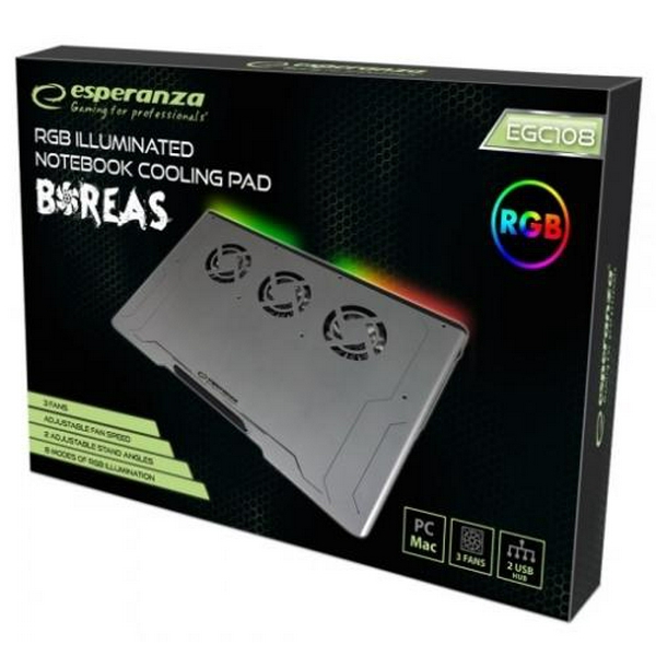 Підставка для ноутбука до 17" Esperanza "Boreas", Grey, 3x8 см вентилятори (20-26 dB, 2200-2500 rpm), 8 режимів RGB підсвічування, 2xUSB, 420x270x30 мм (EGC108) - 5