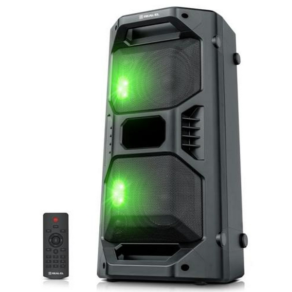 Колонка портативна 2.0 REAL-EL X-757 Black, 2 x 25 Вт, пластиковий корпус, Bluetooth, MicroSD / USB, FM-приймач, живлення від акумулятора, 8000мА * год, керування збоку