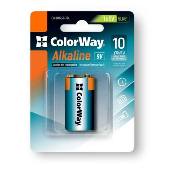 Крона лужна (6LR61), ColorWay, 1 шт, 9V, Blister (CW-BA6LR61-1BL)
