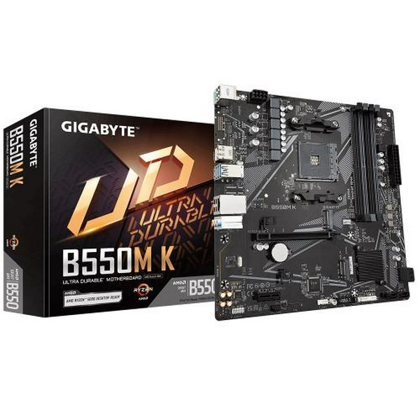 Мат.плата AM4 (B550) Gigabyte B550M K, B550, 4xDDR4, Int.Video(CPU), 4xSATA3, 2xM.2, 1xPCI-E 16x 4.0, 1xPCI-E 1x 3.0, ALC887, RTL8118AS, 6xUSB3.2/6xUSB2.0, HDMI/DP, MicroATX
