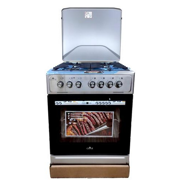 Плита комбінована Castle CPG-60X, Steel, варильна поверхня з духовкою, поворотні перемикачі, 4 газові конфорки, електрична духовка, емальована решітка, верхній та нижній тін, конвекція, газконтроль, автопідпал, металева кришка, 86.5x60x60 см