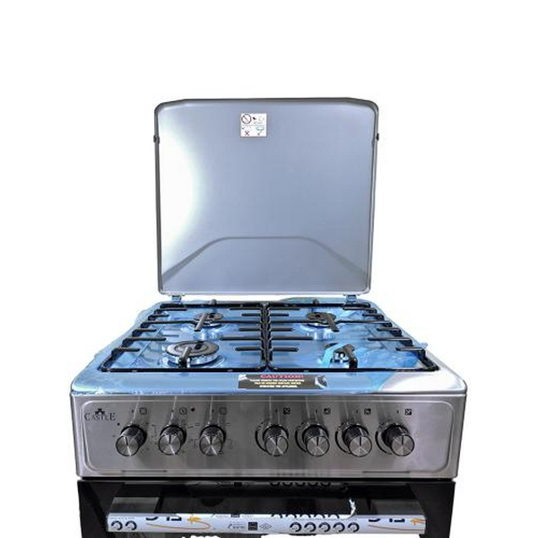 Плита комбінована Castle CPG-60X, Steel, варильна поверхня з духовкою, поворотні перемикачі, 4 газові конфорки, електрична духовка, емальована решітка, верхній та нижній тін, конвекція, газконтроль, автопідпал, металева кришка, 86.5x60x60 см - 2