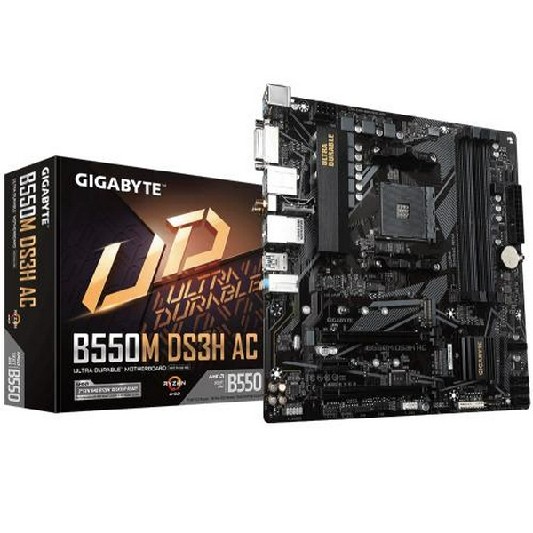 Мат.плата AM4 (B550) Gigabyte B550M DS3H AC, B550, 4xDDR4, Int.Video(CPU), 4xSATA3, 2xM.2, 1xPCI-E 16x 4.0, 1xPCI-E 16x 3.0, 1xPCI-E 1x 3.0, ALC887, GLan, WiFi ac, Bluetooth 4.2, 6xUSB3.2/6xUSB2.0, DVI-D/HDMI/DP, MicroATX