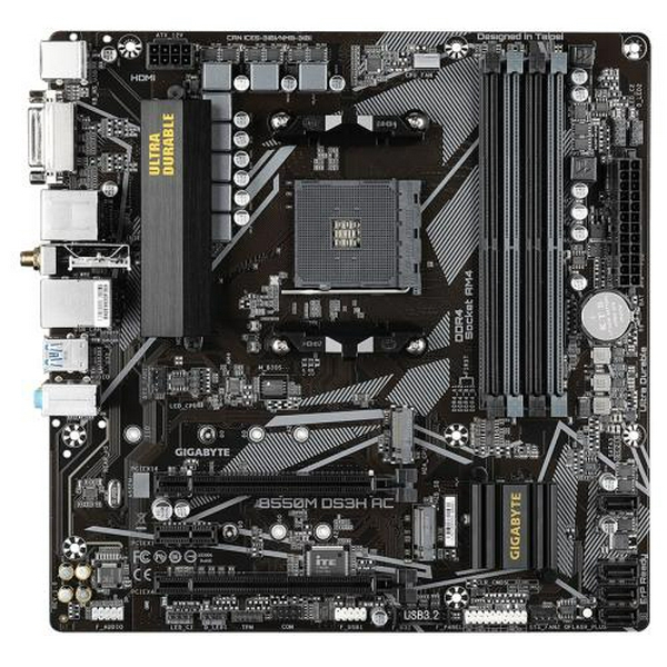 Мат.плата AM4 (B550) Gigabyte B550M DS3H AC, B550, 4xDDR4, Int.Video(CPU), 4xSATA3, 2xM.2, 1xPCI-E 16x 4.0, 1xPCI-E 16x 3.0, 1xPCI-E 1x 3.0, ALC887, GLan, WiFi ac, Bluetooth 4.2, 6xUSB3.2/6xUSB2.0, DVI-D/HDMI/DP, MicroATX - 2