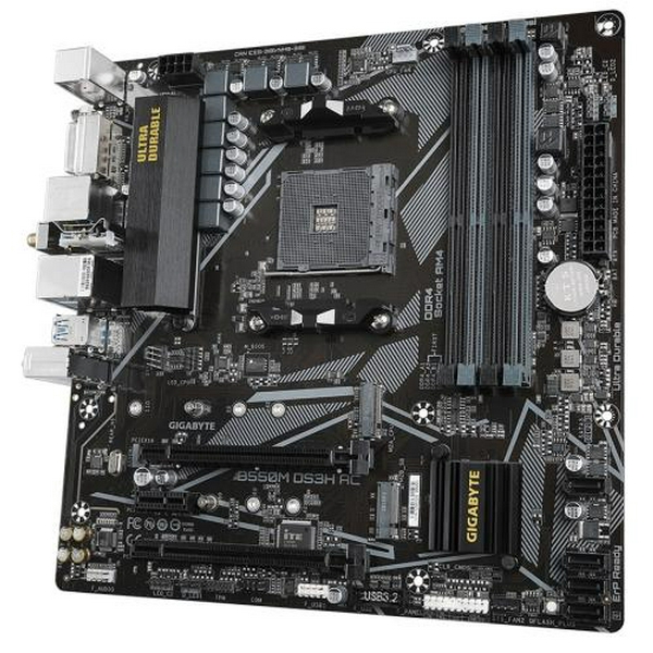 Мат.плата AM4 (B550) Gigabyte B550M DS3H AC, B550, 4xDDR4, Int.Video(CPU), 4xSATA3, 2xM.2, 1xPCI-E 16x 4.0, 1xPCI-E 16x 3.0, 1xPCI-E 1x 3.0, ALC887, GLan, WiFi ac, Bluetooth 4.2, 6xUSB3.2/6xUSB2.0, DVI-D/HDMI/DP, MicroATX - 4