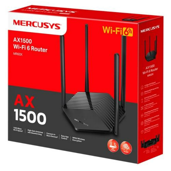 Роутер Mercusys MR60X Wi-Fi 802.11ax, 1775Mb, 3 LAN 10/100/1000Mb, підтримка MU-MIMO/MIMO - 3