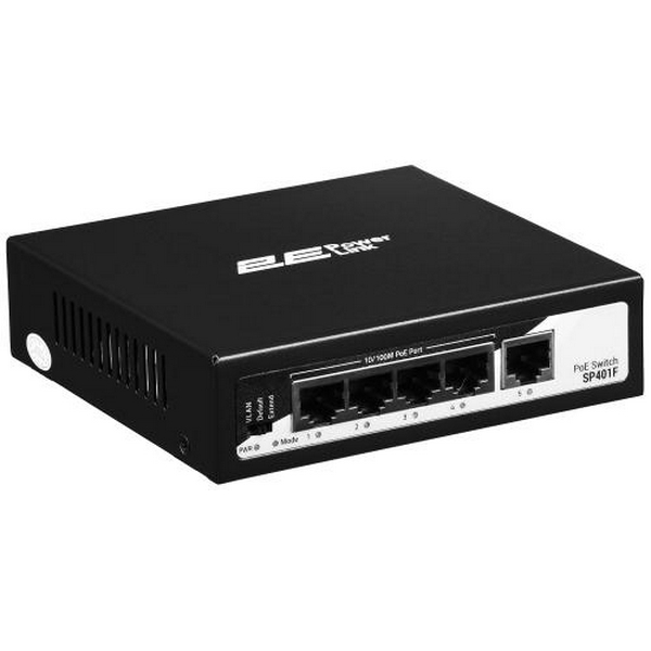 Комутатор 2E PowerLink SP401F, Black, некерований, 4xFE PoE 10/100M, 1xFE Uplink 10/100M, 55 Вт, автовизначення полярності (2E-SP401F-2) - 2