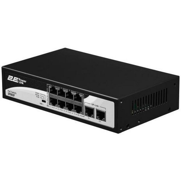 Комутатор 2E PowerLink SP802F, Black, некерований, 8xFE PoE 10/100M, 2xFE Uplink 10/100M, 150 Вт, автовизначення полярності (2E-SP802F-2)