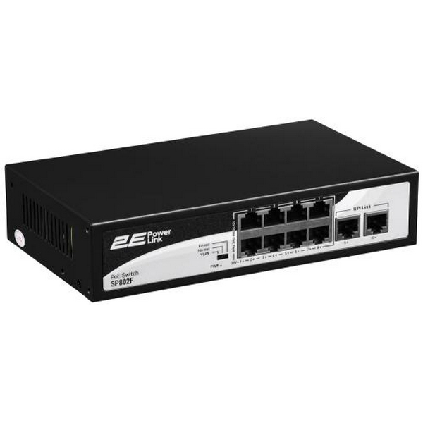 Комутатор 2E PowerLink SP802F, Black, некерований, 8xFE PoE 10/100M, 2xFE Uplink 10/100M, 150 Вт, автовизначення полярності (2E-SP802F-2) - 2