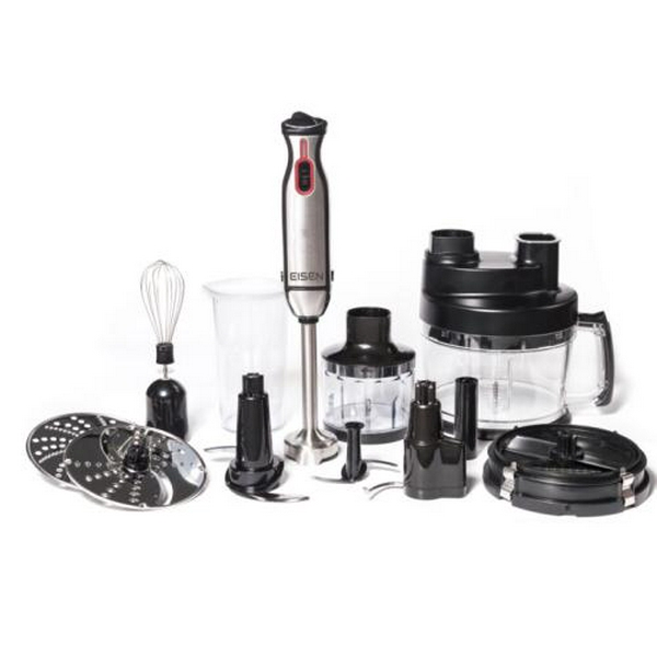 Блендер Eisen EBSS-0110B, Black, занурювальний, 1000W, 2 швидкісні режими, 5 ступенів регулювання швидкості, вінчик, терки, нарізка кубиками, гаки для замішування тіста, 2 чаші подрібнювача, мірна склянка