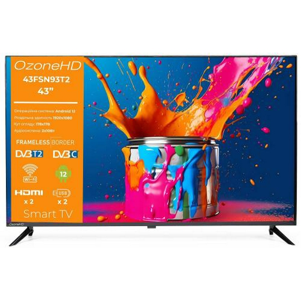 Телевізор 40" OzoneHD 40FSN93T2, 1920х1080, 60 Гц, Smart TV, Android 12.0, DVB-T2/C, 2xHDMI, 2xUSB, 1xзовнішня антена Wi-Fi, VESA 200x100