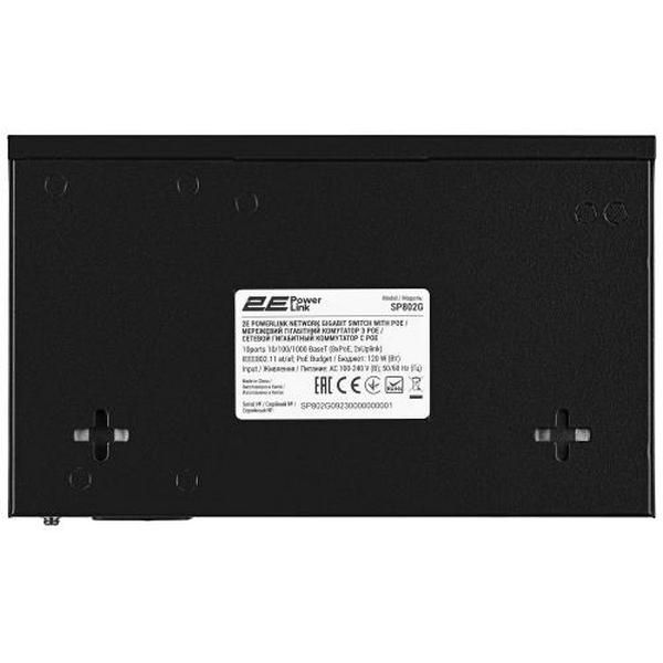Комутатор 2E PowerLink SP802G, Black, некерований, 8xGE PoE 10/100/1000M, 2xGE Uplink 10/100/1000M, 120 Вт, автовизначення полярності (2E-SP802G-2) - 4