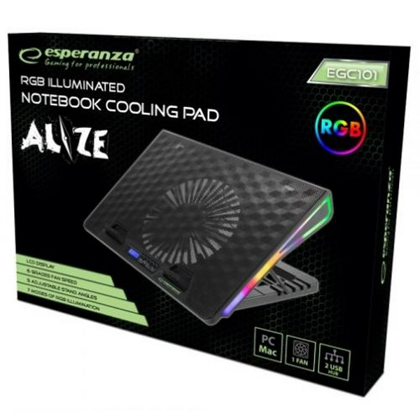 Підставка для ноутбука до 17" Esperanza "Alize", Black, 1x18 см вентилятор (21 dB, 600-800 rpm), 6 швидкостей, 7 режимів RGB підсвічування, РК екран, 2xUSB, 400x288x36 мм (EGC101) - 5
