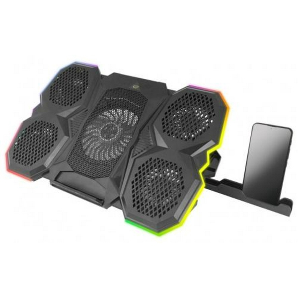 Підставка для ноутбука до 17" Esperanza "Breva", Black, 1x12.5 см / 4x7 см вентилятори (26-30 dB, 1200 / 2600-3000 rpm), 10 режимів RGB підсвічування, тримач для телефону, 2xUSB, 400x288x36 мм (EGC107) - 3
