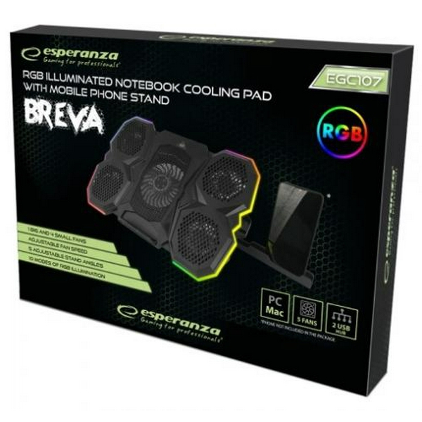 Підставка для ноутбука до 17" Esperanza "Breva", Black, 1x12.5 см / 4x7 см вентилятори (26-30 dB, 1200 / 2600-3000 rpm), 10 режимів RGB підсвічування, тримач для телефону, 2xUSB, 400x288x36 мм (EGC107) - 5