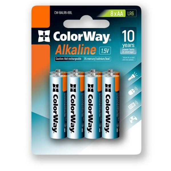 Батарейка AA (LR6), лужна, ColorWay Alkaline Power, 8 шт, 1.5V, Blister (CW-BALR06-8BL)