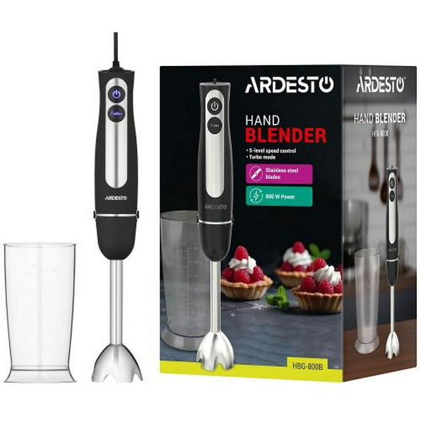 Блендер Ardesto HBG-800B, Black, 800W, занурювальний, 5 швидкостей, турборежим, 1 насадка, мірний стакан 600мл, підсвітка кнопок управління - 8