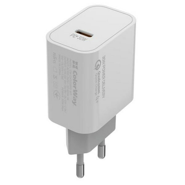 Мережевий зарядний пристрій ColorWay, White, 30 Вт, 1xType-C (PD3.0), Auto ID (CW-CHS038PD-WT)