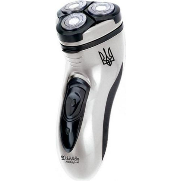 Електробритва Новий Харків НХ-8523 Лидер-M Тризуб Grey, 6W, роторна, сухе гоління, 3 головки для гоління, плаваючі подвійні леза, повторение контуров лица, живлення мережа, тример для скронь, механічна кнопка вмикання