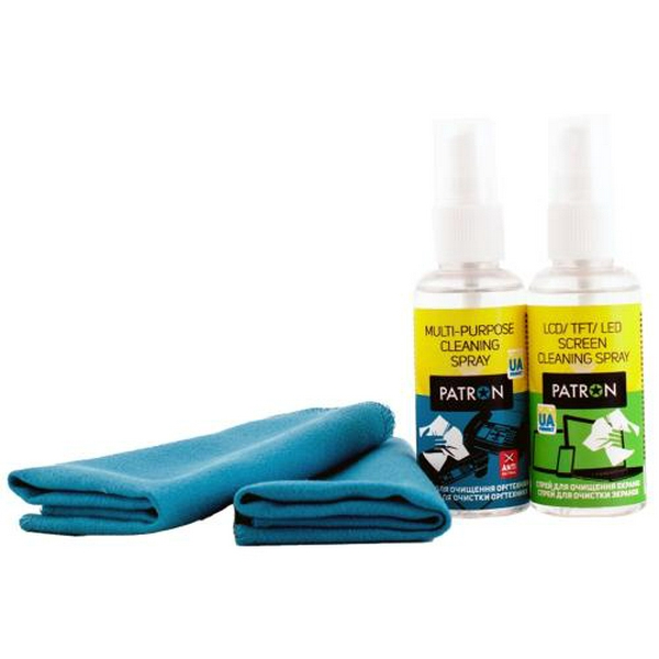 Набір чистячий Patron: спрей 50 мл для екранів, спрей 50 мл оргтехніки, дві серветки з мікроволокна 20 х 20 см (F3-019)