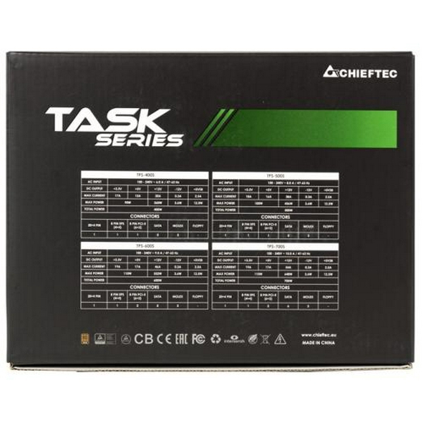 Блок живлення 600 Вт, Chieftec TASK, Black, 80+ Bronze, Active PFC, 120 мм, 3xMolex / 5xSATA / 2xPCI-E 6+2-pin / 1xMB 20+4-pin / 1xCPU 4+4-pin, захист: AFC/OPP/OTP/OVP/SCP/SIP/UVP (TPS-600S) - 6