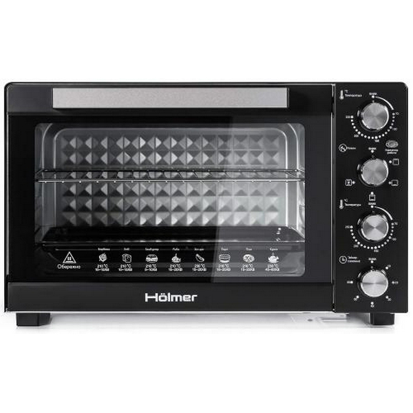 Електродуховка Holmer HEO-248C, Black, 1700w, 48л, конвекція, 3 рівні, роздільне регулювання температури, таймер, 70-250°С, деко з антипргарним покриттям, решітка гриль, ручка, фіксація відкритого положення дверцят