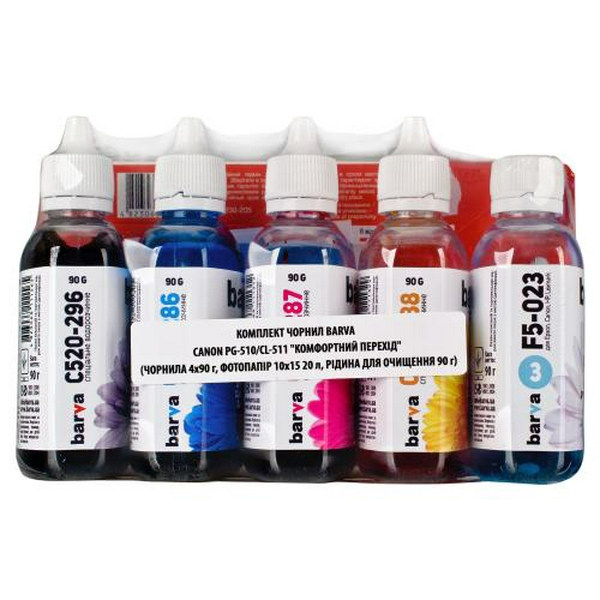 Комплект чорнил Barva Canon PG-510 / PG-512 + CL-511 / CL-513, C/M/Y/K, 4 x 90 г + чист. жидкость 90 г + фотобумага Barva A6 (10x15), 20 л, 230 г/м2 (I-BAR-CPGI520-CMP) - 2