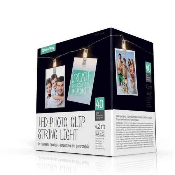 Гірлянда світлодіодна ColorWay, для фото, з прищіпками, 40 LED, 4,2 м, 3xAA (CW-LCP-40L42B) - 2