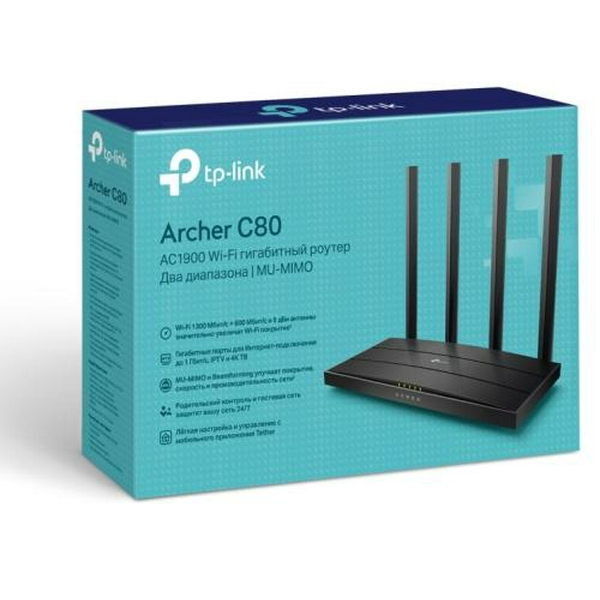 Роутер TP-LINK Archer C80 Black, Wi-Fi 802.11a/b/g/n/ac, до 1900 Mb/s, 2.4/5GHz, 4x100/1000 Mb/s, RJ45 100/1000Mb/s (Gb), 4 зовнішні знімні антени - 4