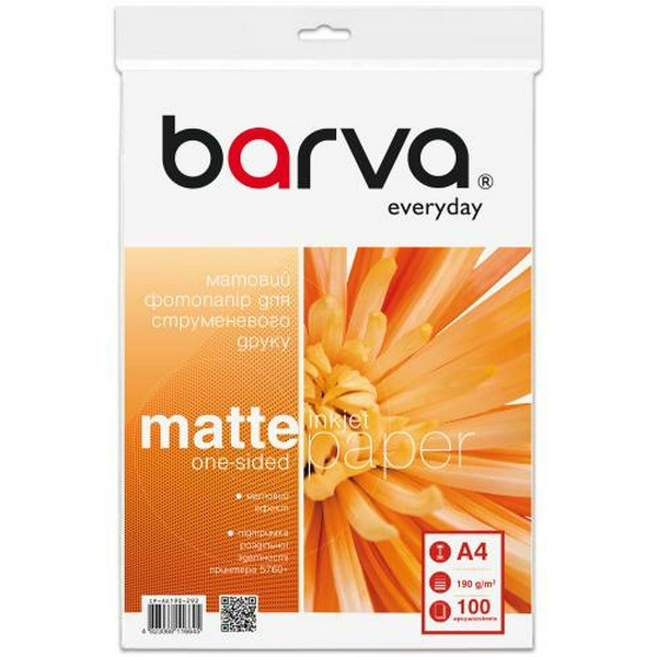 Фотопапір Barva, матовий, A4, 190 г/м², 100 арк, серія "Everyday" (IP-AE190-292)