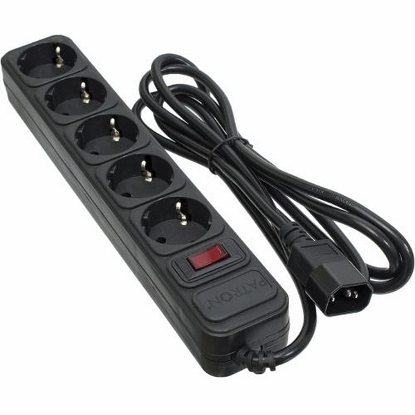 Фільтр мережевий для ДБЖ Patron, 5 розеток, 2 м, Black, 10А, до 2.2 кВт, вимикач, заземлення, 3x1 мм² (SP-1055U)