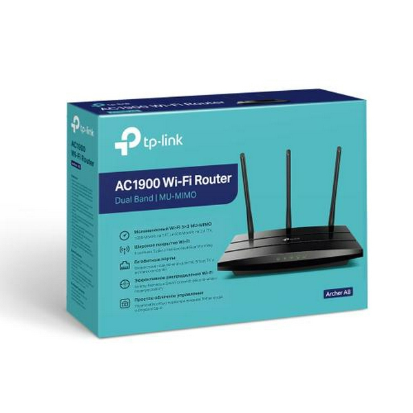 Роутер TP-LINK Archer A8, Wi-Fi 802.11a/b/g/n/ac, до 1900 Mb/s, 2.4/5GHz, 4 LAN 10/100/1000 Mb/s, RJ45 10/100/1000Mb/s (GE), 3 зовнішні антени - 4