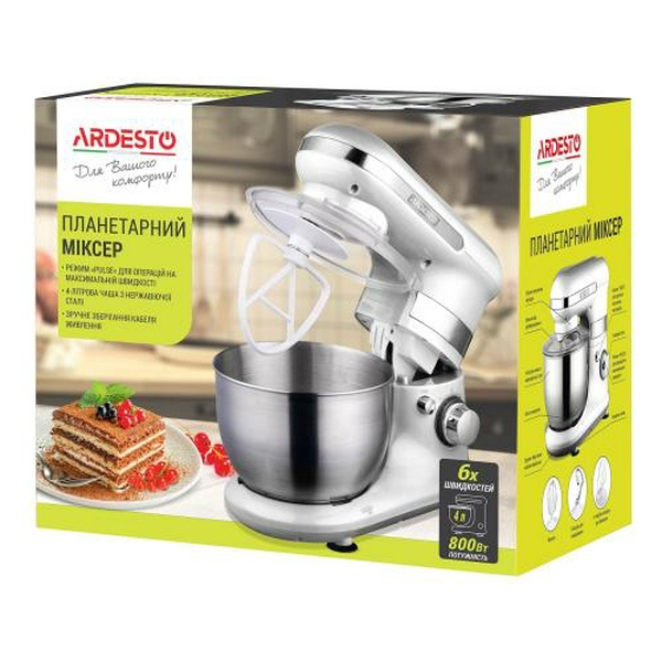 Планетарний міксер Ardesto KSTM-8040 800Вт, 6 скор. +турбо, вінчик, насадка для змішування, А-подібна насадка, білий - 4