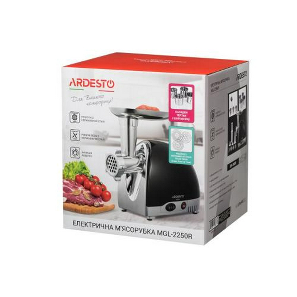 М'ясорубка Ardesto MGL-2250R Black, 1800W, 3 диски, реверс, насадки для терки/шинкування  /2і1, для домашніх ковбас, для кеббе, продуктивність 2 кг/хв, реверс - 7