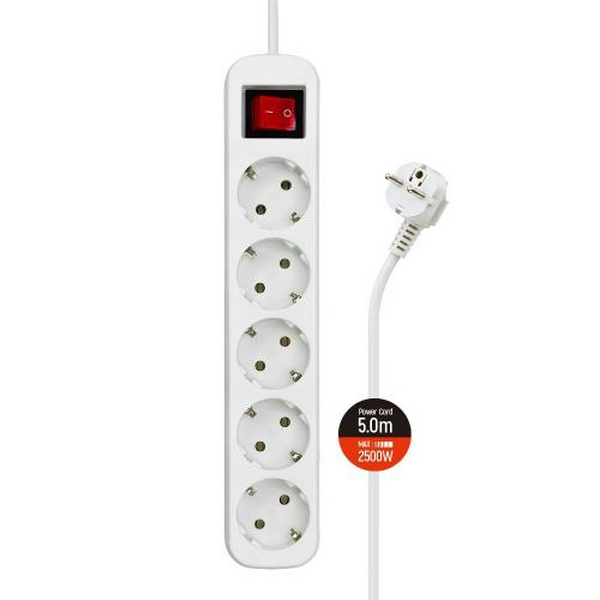 Фільтр мережевий ColorWay, 5 розеток, 5 м, White, 10А, до 2.5 кВт, вимикач, заземлення, 3x1 мм² (CW-PSEA55W)