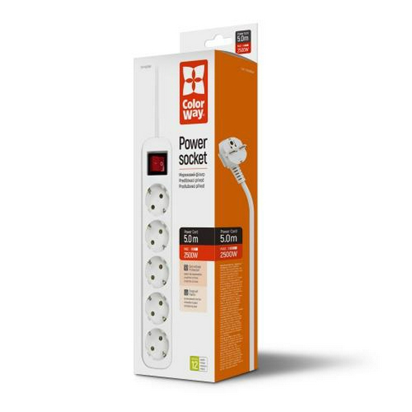 Фільтр мережевий ColorWay, 5 розеток, 5 м, White, 10А, до 2.5 кВт, вимикач, заземлення, 3x1 мм² (CW-PSEA55W) - 2