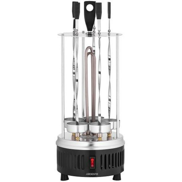 Електрошашличниця Ardesto VEG-HY1000 Steel, 900W, 5 шампурів, обертання 360°, U-подібні нагрівачі, знімний піддон для збору жиру, алюмінієвий кожух, 	захист від перегрівання