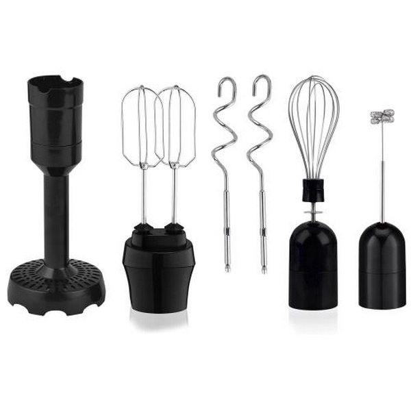 Блендер Liberton LHB-0307 Black, 1000W, занурювальний, плавне регулювання швидкості + Турбо, аксесуари: вінчик для збивання, мірний стакан (600мл), чаша подрібнювача (1250мл), насадка-міксер, гак для тіста, насадка для пюре, спінювач для молока - 2