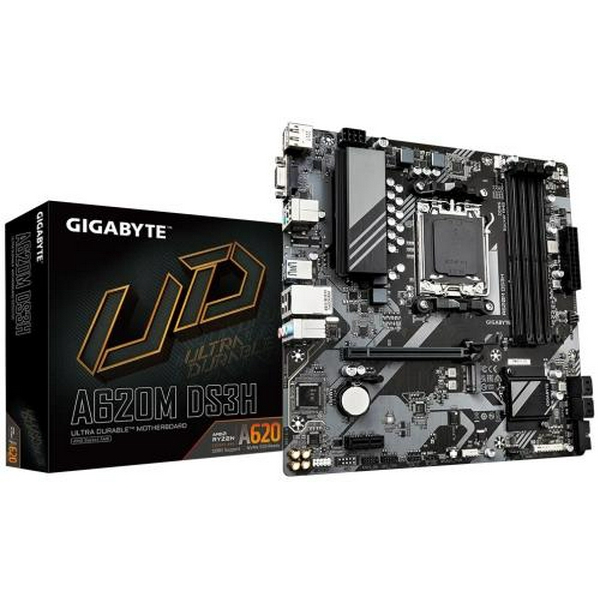 Материнська плата AM5 Gigabyte A620M DS3H, A620, 4xDDR5, Int.Video (CPU), 4xSATA3, 1xM.2, 1xPCI-E 4.0 x16, 1xPCI-E 3.0 x1, Realtek 7.1, Realtek 1Gb, 4xUSB3.2/6xUSB2.0, VGA/HDMI/DP, MicroATX