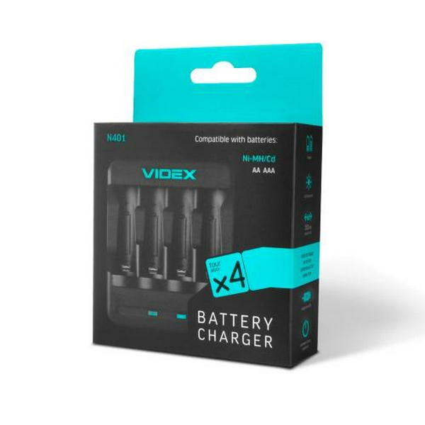 Зарядний пристрій Videx N401, Black, 4 x AA/AAA Ni-MH/Cd (300 mAh, 2.96V), microUSB (5V/1A), LED індикатор, 2 парні канали (VCH-N401) - 6