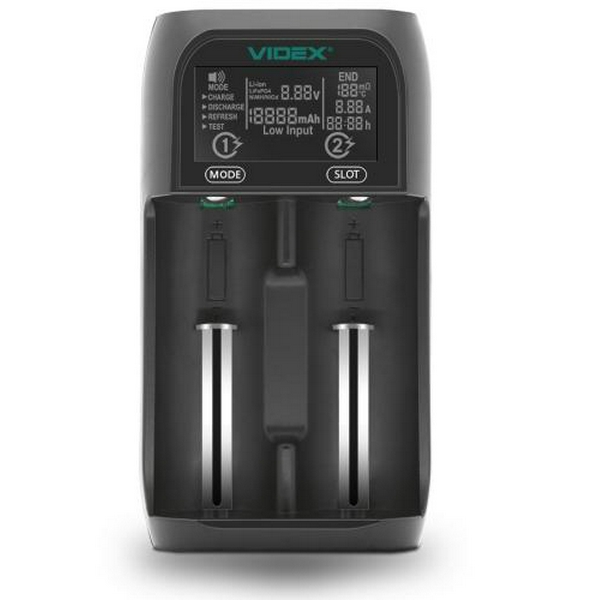 Зарядний пристрій Videx UT201, Black, універсальний, Type-C (5V/2A), LCD дисплей, 2 незалежні канали, функції розряду, відновлення, тесту акумуляторів, функція PowerBank (VCH-UT201)