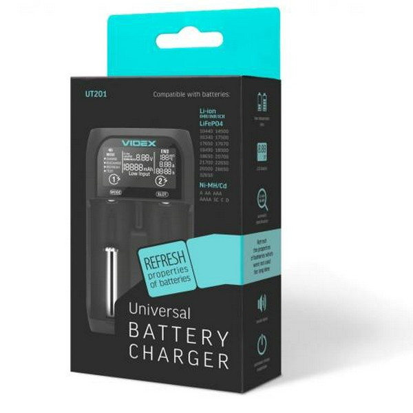 Зарядний пристрій Videx UT201, Black, універсальний, Type-C (5V/2A), LCD дисплей, 2 незалежні канали, функції розряду, відновлення, тесту акумуляторів, функція PowerBank (VCH-UT201) - 2