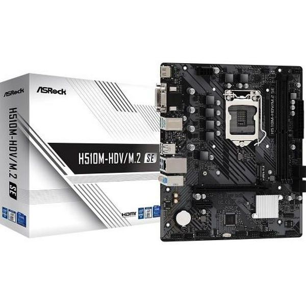 Мат.плата 1200 (H470) ASRock H510M-HDV/M.2 SE, H470, 2xDDR4, Int.Video(CPU), 4xSATA3, 1xM.2, 1xPCI-E 4.0 x16, 1xPCI-E 3.0 x1, ALC897, RTL8111H, 6xUSB3.2/6xUSB2.0, VGA/DVI-D/HDMI, MicroATX