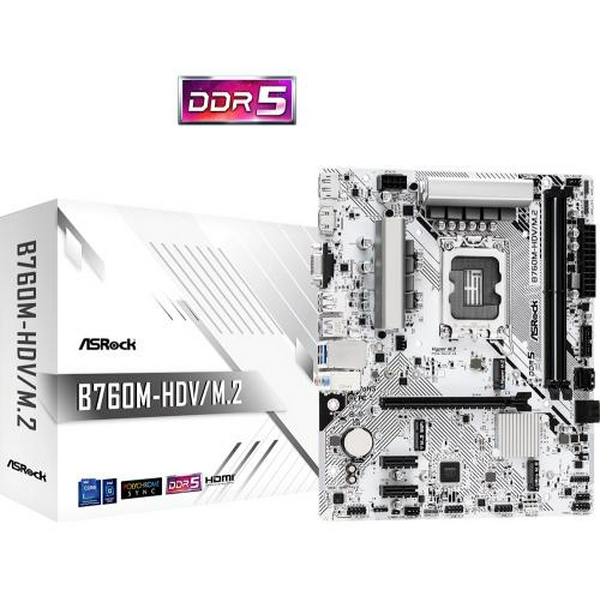 Материнська плата LGA1700, ASRock B760M-HDV/M.2, B760, 2xDDR5, Int.Video(CPU), 4xSATA3, 2xM.2, 1xPCI-E 4.0 x16, 2xPCI-E 3.0 x1, 1xM.2 (Key E), ALC897, RTL8125BG, 6xUSB3.2/5xUSB2.0, VGA/HDMI/DP, MicroATX